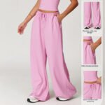 Maßgeschneiderte gebürstete Hose, Drapierte Weite-Beine-Lose Freizeithosen, Damen Sport Fitness Elastische Kordelzughose – Bild 4